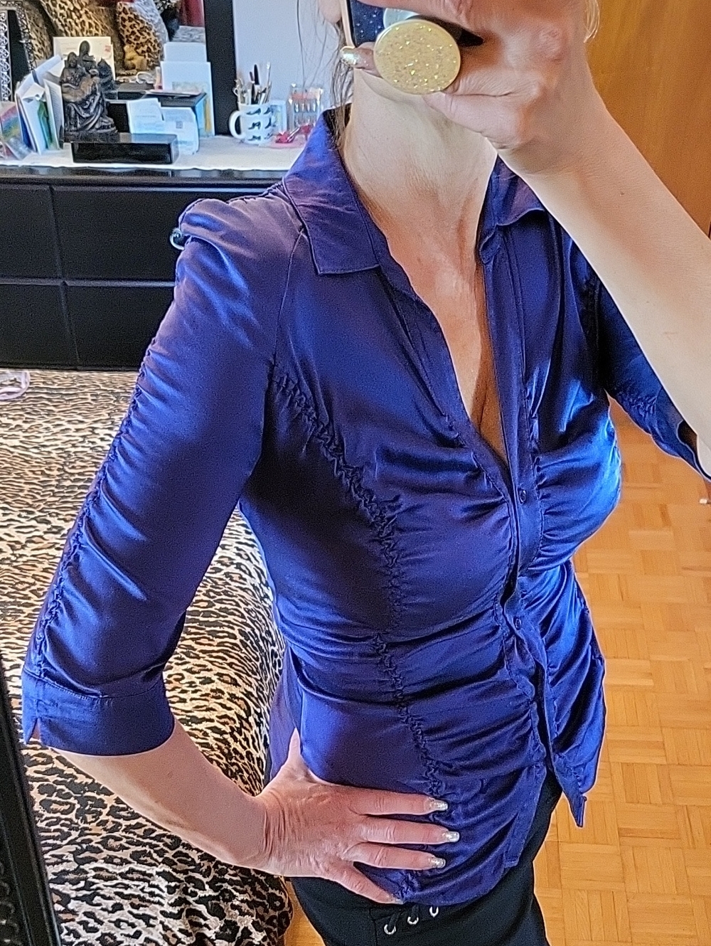 Sexy Le Chateau Deep Purple Stretch Silk Ruched Blouse, S/M